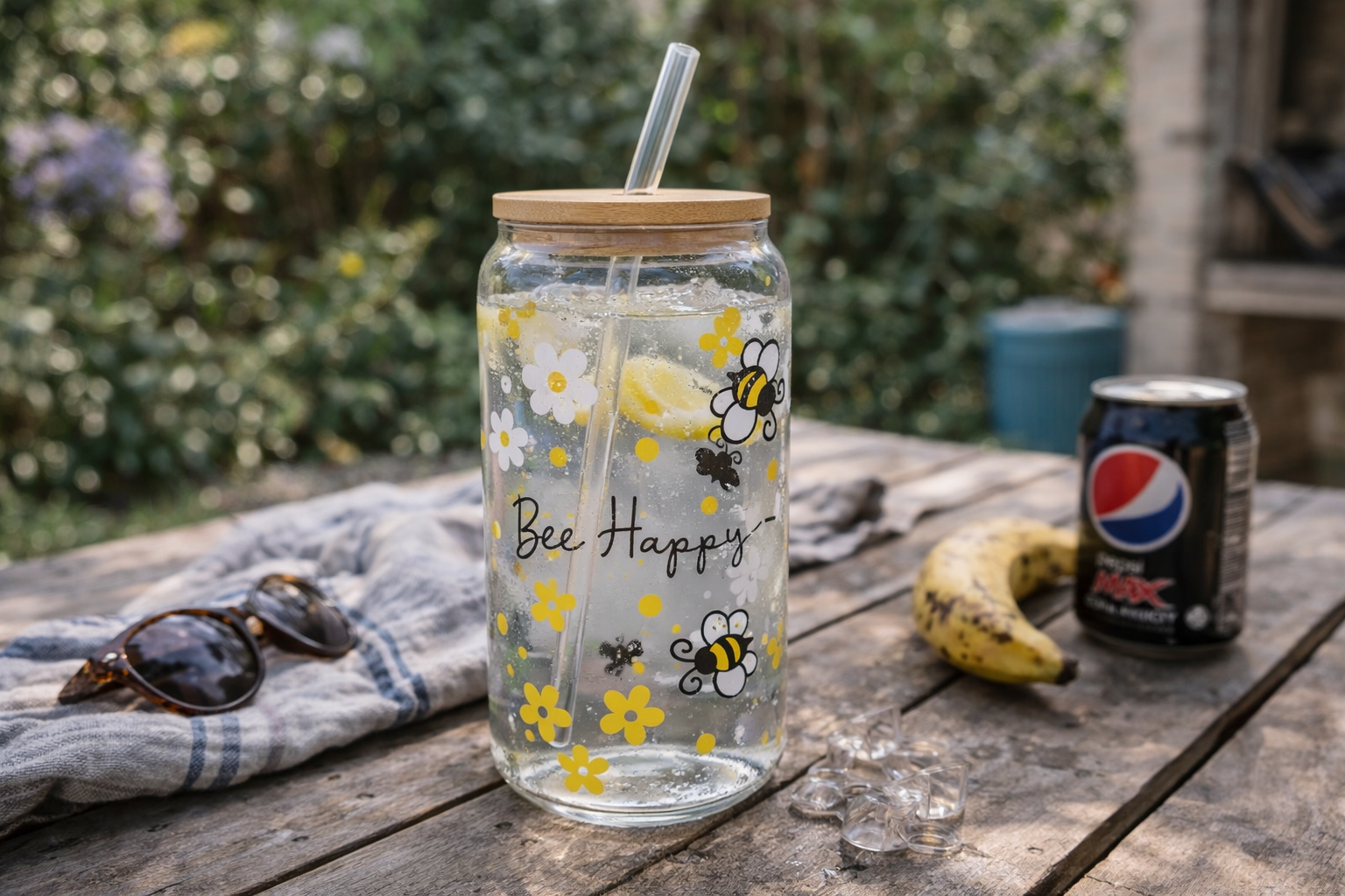 PRINTED GLASS TUMBLER WITH BAMBOO LID & STRAW