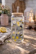 PRINTED GLASS TUMBLER WITH BAMBOO LID & STRAW