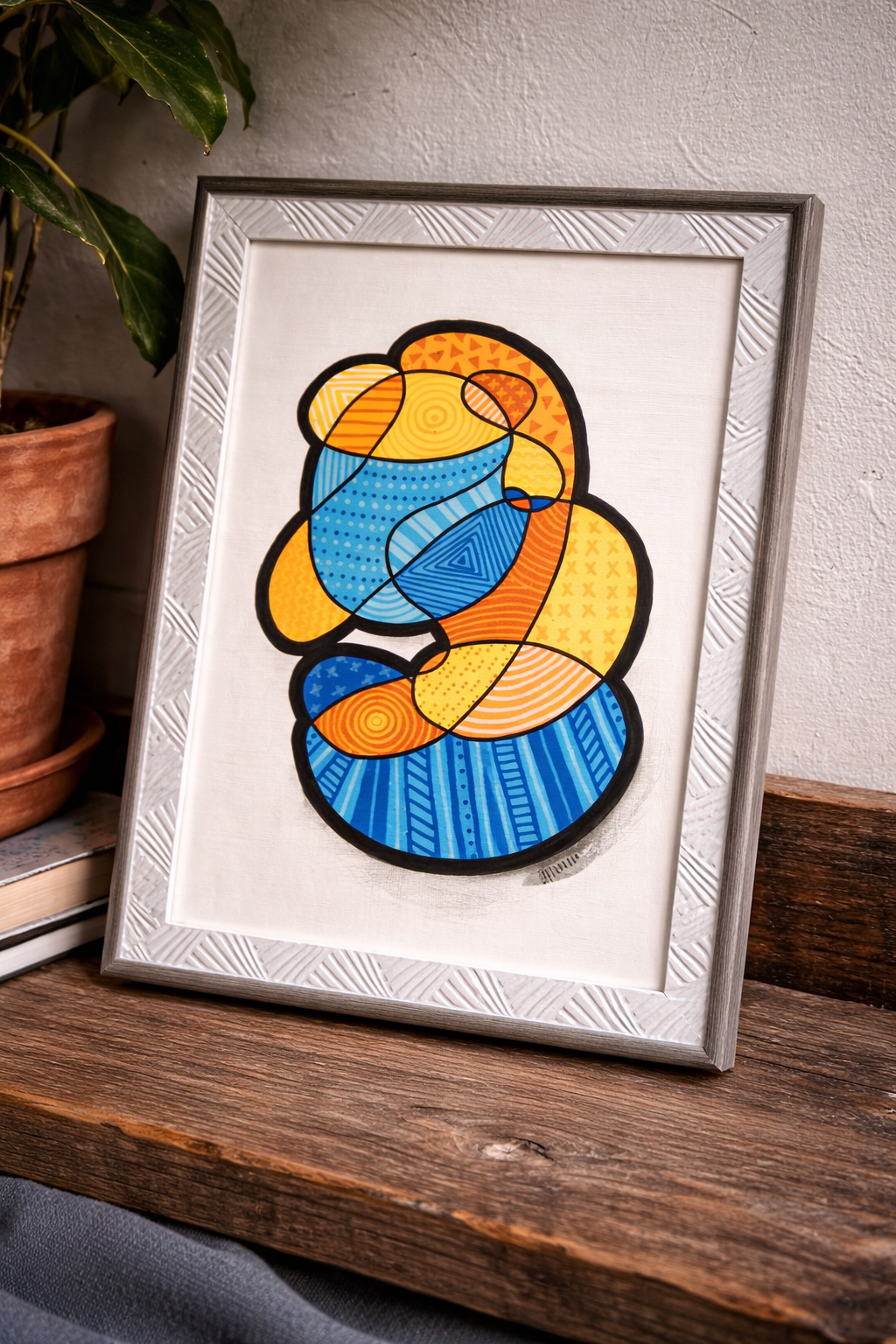 GOLDEN BLUE COMPOSITION - FRAMED ABSTRACT LINE ART