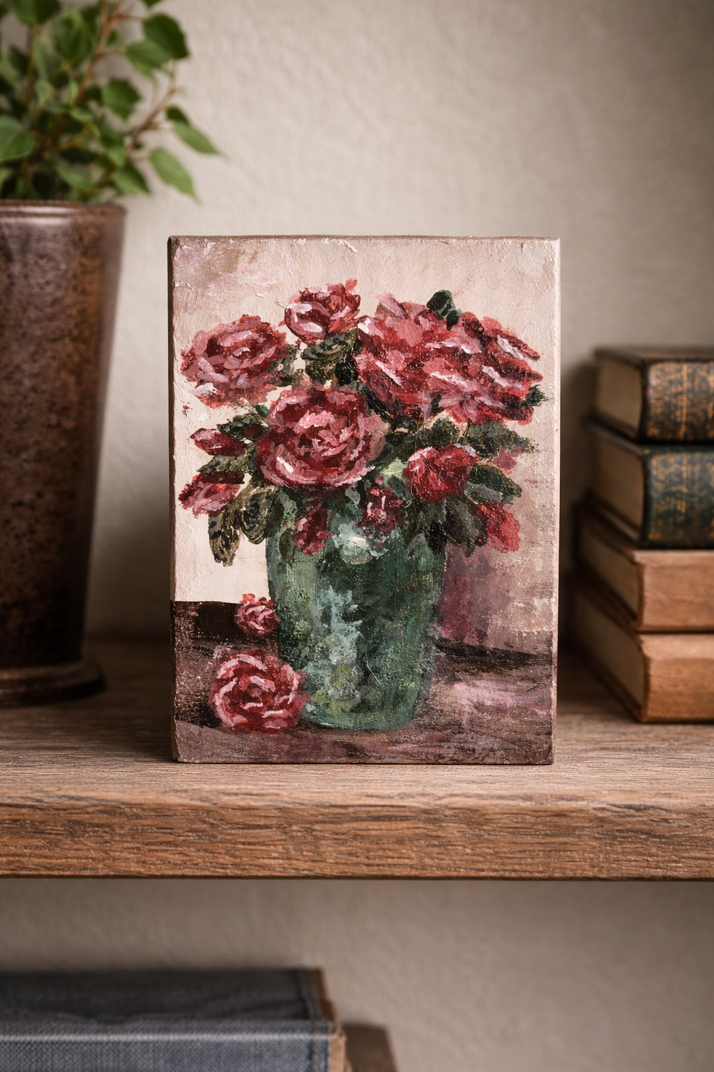 CRIMSON ROSES IN GREEN VASE - PAINTING