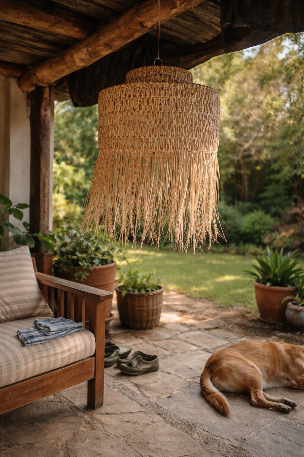 HANDWOVEN FRINGE PENDANT LIGHT SHADE - NATURAL FIBER